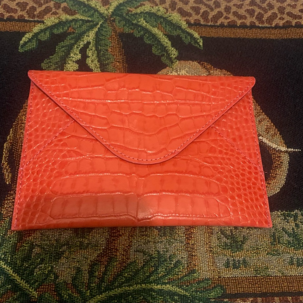 Ann Taylor Loft Genuine Leather Vibrant Orange Crocodile Embossed Clutch